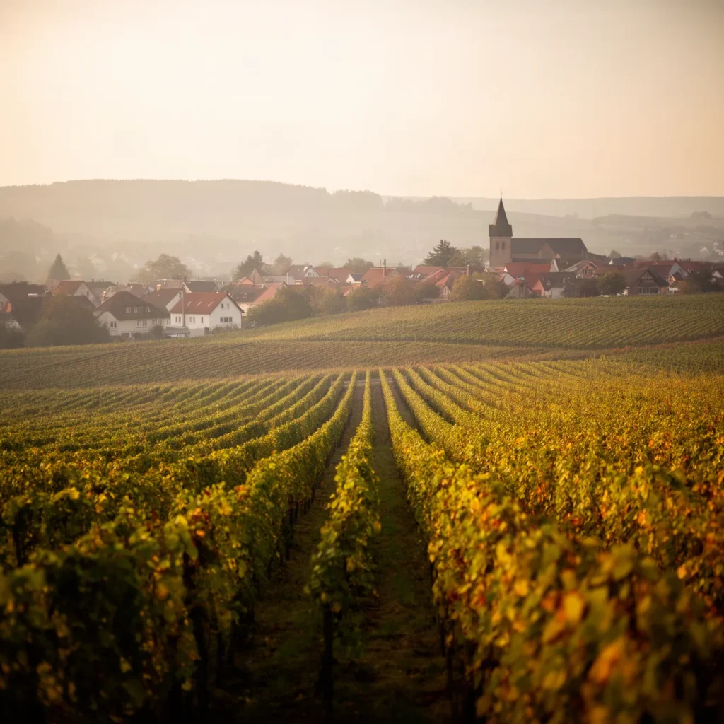 Weinberge in der Pfalz mit einem Dorf und Kirchturm im Abendlicht